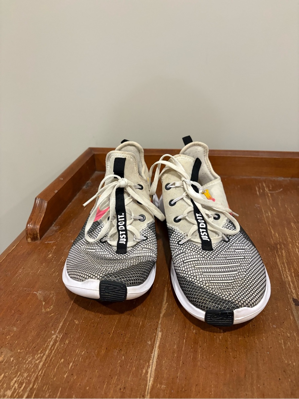 Nike Beige, Black and White Athletic Sneakers with 'Just Do It' Pull Tab